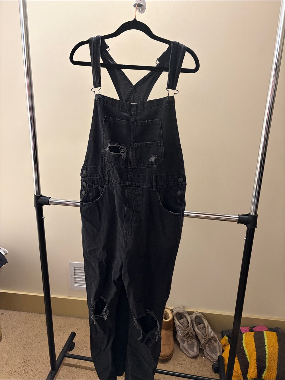 Free People Black Distressed Denim Overalls
